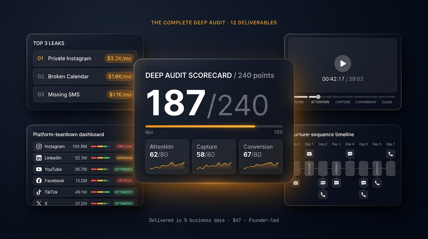 The complete Deep Audit: all 12 deliverables at a glance